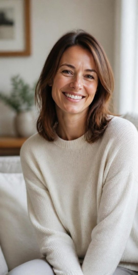 A smiling woman at home, relaxed on a sofa