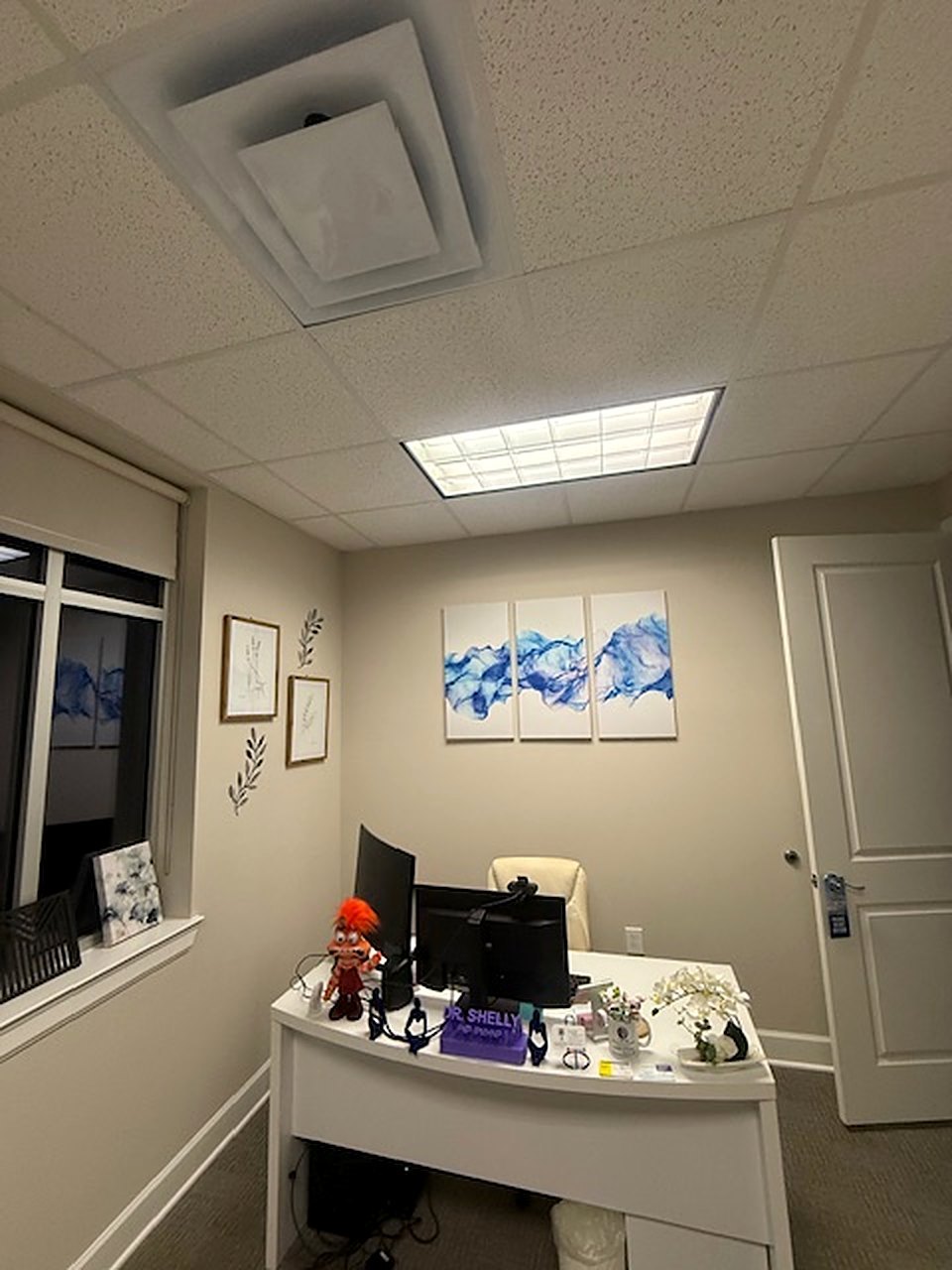 A consultation room with blue abstract art above the desk